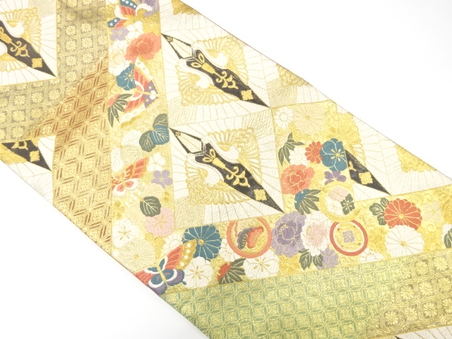 JAPANESE KIMONO / FUKURO OBI FOR FURISODE / SILK / WOVEN CRANES & BUTTERFLY & FLOWERS